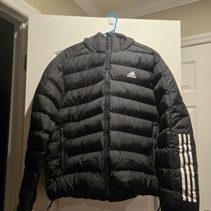 MENS Adidas Puffer Jacket with Hood and Three-Stripe Design